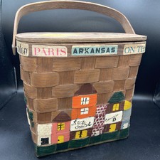 Caro Nan Basket Purse Signed Hand Painted Travel Theme 1960  s 9.5 X 9 VINTAGE