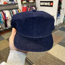 Vintage Youngan Hat Navy Blue Blank Corduroy Snapback Cap Plain Solid Rope