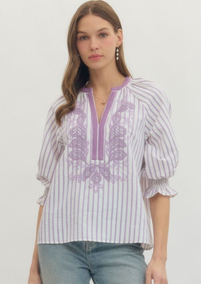 Entro Embroidered Vertical Stripe Split Neck Cotton Top Women's in Lavender