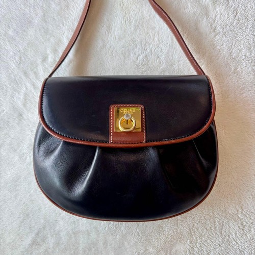 CELINE Leather Shoulder Bag Black Brown Triomphe Vintage Small Crossbody Purse