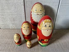 Vintage Santa Nesting Dolls Hand Painted  Wood Set/5