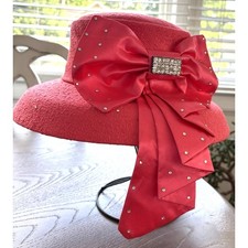 G.M.I. Women Coral Pink Church Hat Rhinestone Satin Bow Formal  Hat RN130799