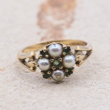 9ct Gold Emerald and Pearl Cluster Ring | UK Size N | US Size 6.75