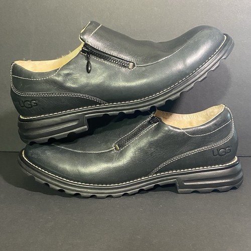 UGG Womens Loafer Flat Shoes Black Side Zip Leather Shearling Lined Size 10