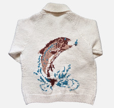 Vintage 1960's Mary Maxim Cowichan Trout Sweater - Full Zip - 24" chest. Mens XL