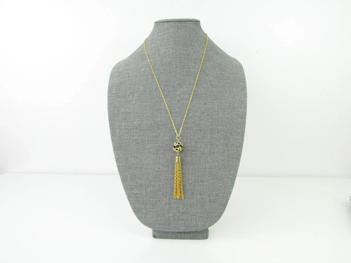 Estate Boho Tassel Necklace 18"Chain 18K Yellow Gold Over Emerald Fringe Pendant