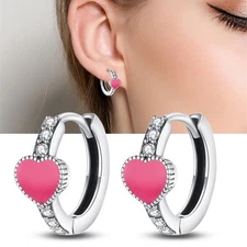 KUNSIR Women Girl 925 Silver Pink Heart CZ Huggie Hoop Earrings 14mm Gifts Party