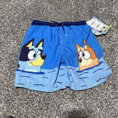 Bluey Swim Trunks Boys 6/7 Blue Colorblock Cartoon Character Board Shorts Print