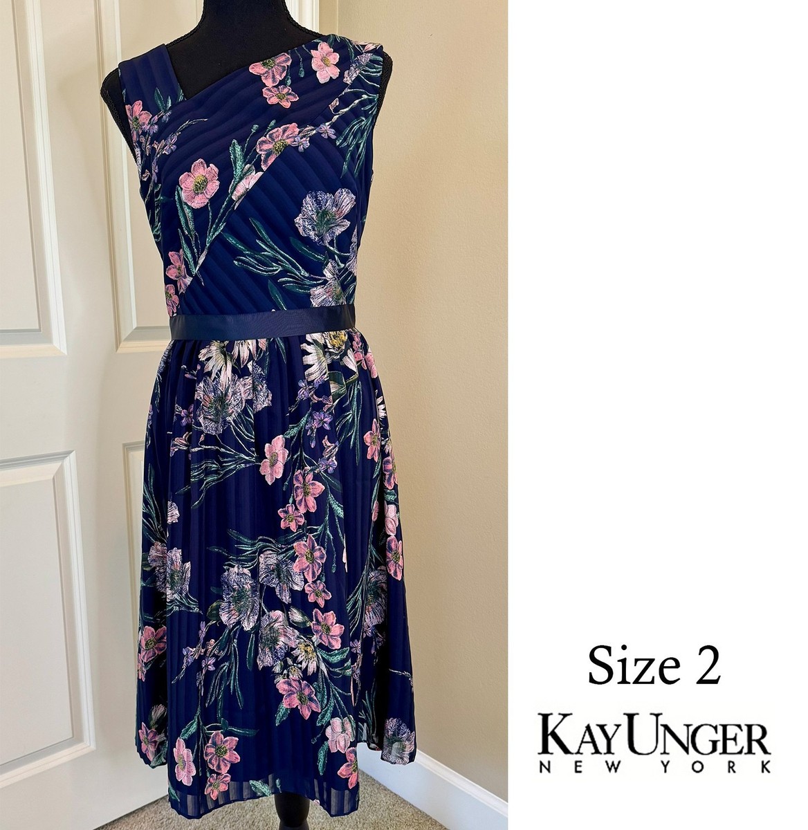 Kay Unger New York Navy Floral Dress Size 2 Fit & Flare Elegant Midi | eBay
