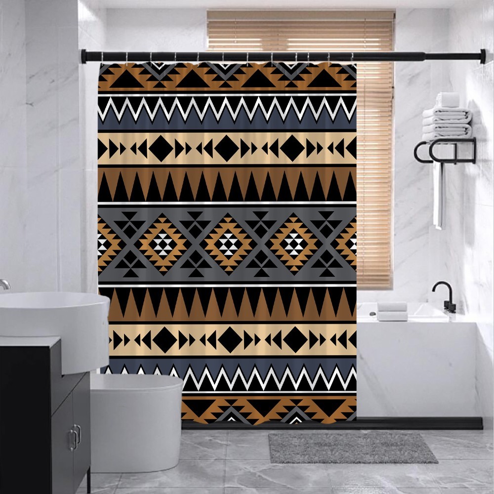 Brown Ethnic Shower Curtain Tribal Geometric Print Waterproof Bathroom Decor