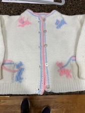 vtg white baby cardigan with blue and pink dogs unsized