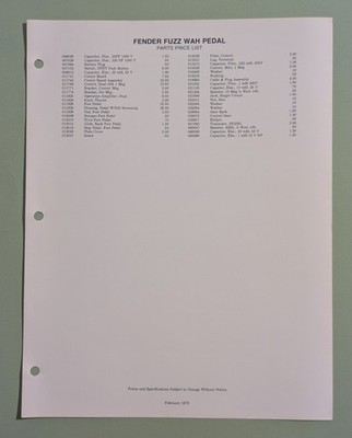 Vintage 1978 Fender Fuzz Wah Pedal Parts Price List & Schematic - Rare 1970s