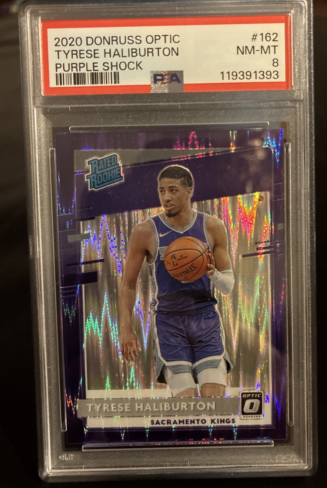 TYRESE HALIBURTON ROOKIE RC 2020 PANINI DONRUSS OPTIC PURPLE SHOCK #162 PSA 8