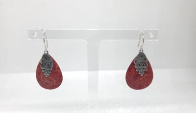 Red Sponge Coral Earrings 925 Sterling Silver Hook Teardrop Dangle Bali 4cm - Image 1 of 4