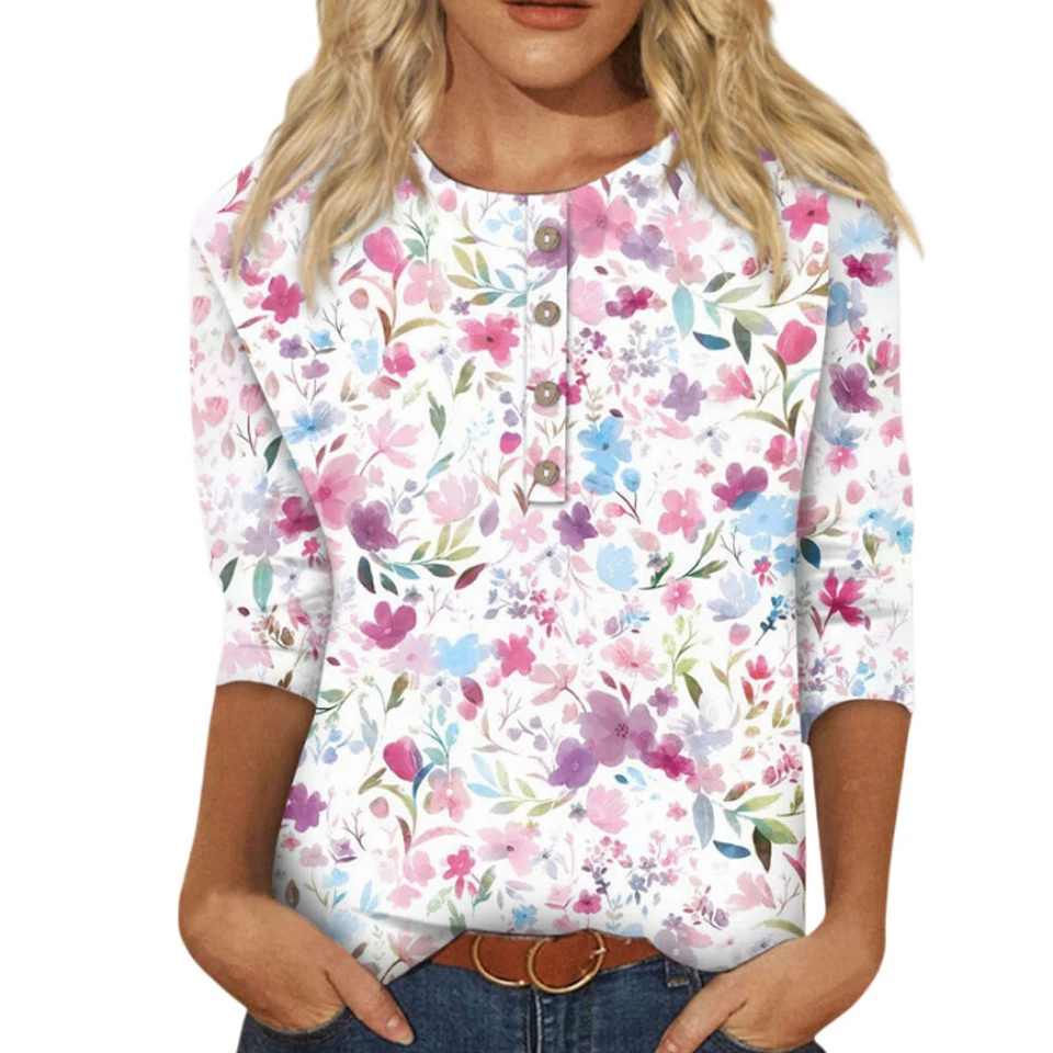 3/4 Length Sleeve Womens Tops Casual Loose Fit V-neck Shirts Floral Tunic Top * - Изображение 3 из 4