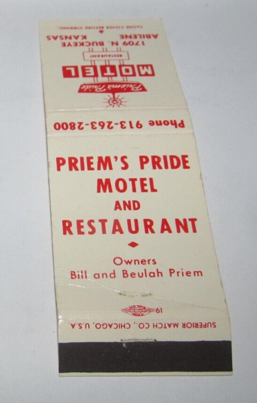 Matches Matchbook Cover Priem's Pride Motel & Restaurant Abilene, Kansas KS