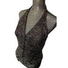 Carmen Marc Valvo Signature Black Gold Beaded Evening Halter Vest Sz 8