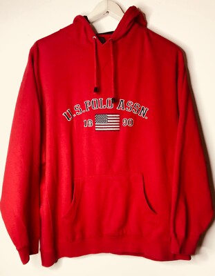 VINTAGE US POLO ASSN EMBROIDERED HOODIE RED SWEATER MENS XXL FRONT POUCH POCKET 