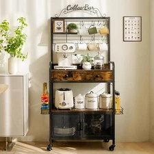 Coffee Bar Cart with Wheels, Coffee Bar Table, Kitchen Coffee Bar Cabinet wit...