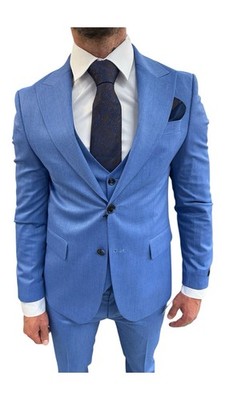 Designer business blue light blue men's suit sport coat waistcoat fitted slim fit