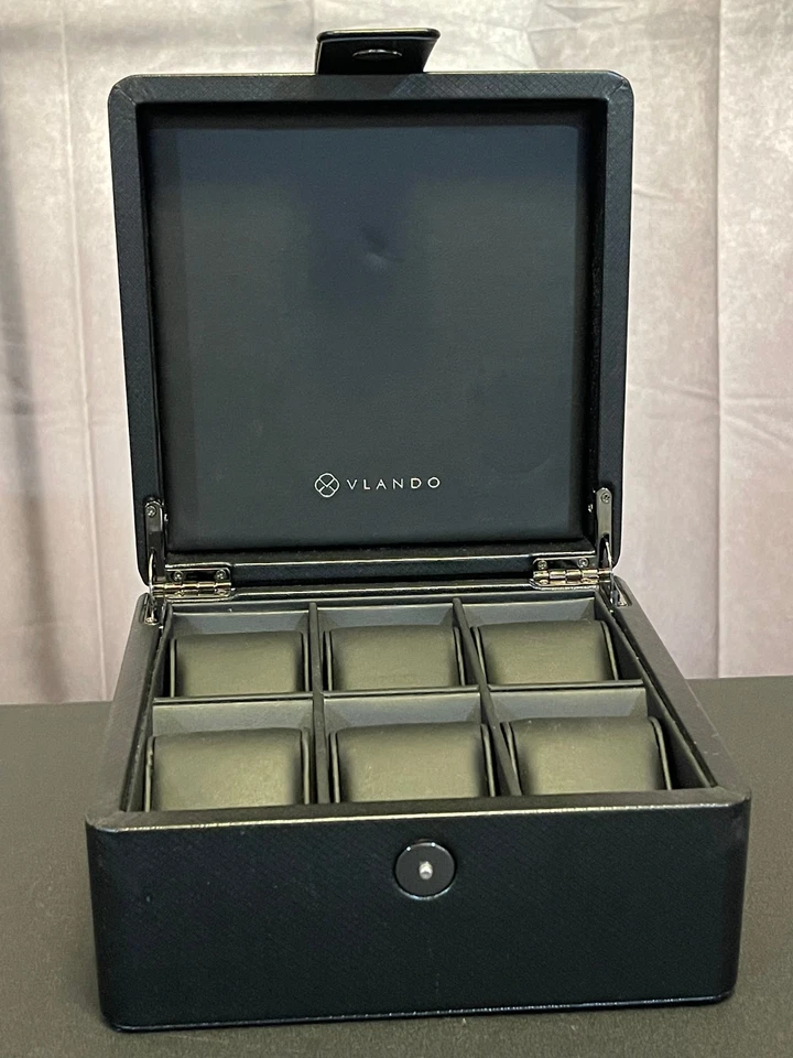 Caja de reloj organizadora Vlando 6 ranuras estuche de cuero sintético negro con cojines Foto 2 de 4