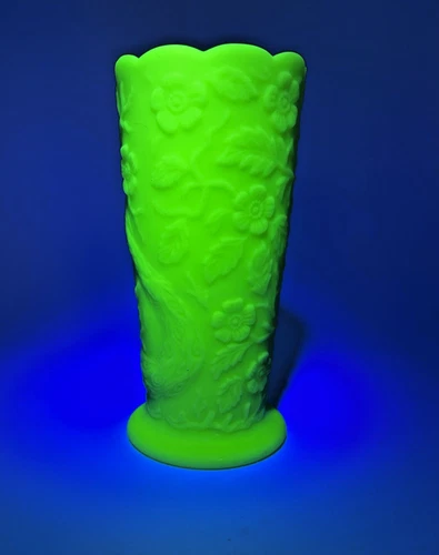 Fenton Uranium Vaseline Custard Glass Vase – Satin  Peacock Floral – 8"
