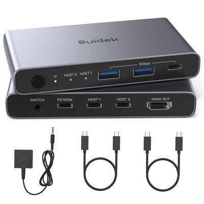 USB C KVM Switch 2 in 1 Out 4K@60Hz Aluminium Mit 3 USB 3.0-Ports Für 2 Laptop T