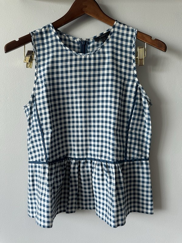 J.Crew Gingham Blue Silk Top Woman  Checkered Sleeveless Peplum Waist Size 4