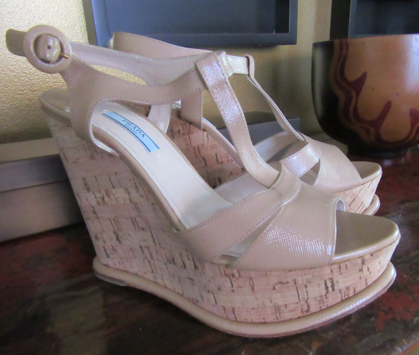 NEW PRADA Saffiano Platform Wedge Cork Sandals Black US 10 EU 40 thumbnail 6