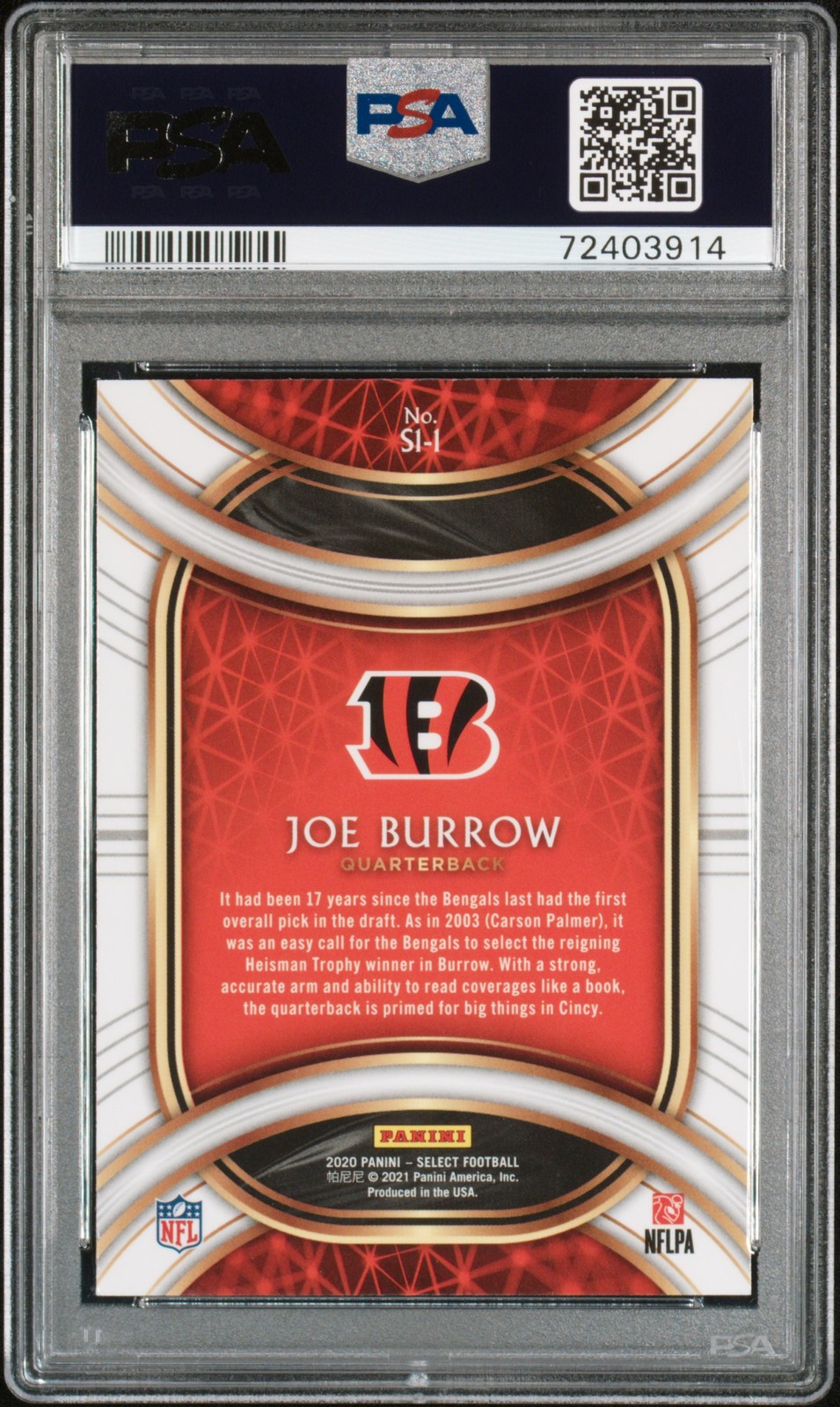 2020 Panini Select Select1ons #S1-1 Joe Burrow Select1ons PSA 9 view 2