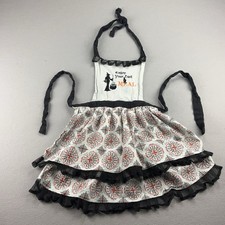White Halloween Bib Apron Womens One Size Witch Cat Gothic Kitchen Embroidered