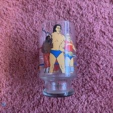 WWF Drinking Glass Vintage 1985 WWE Hulk Hogan Andre The Giant Rowdy Roddy Piper