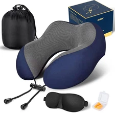 Memory Foam Travel Neck Pillow Kit w/ Eye Mask, Earplugs, Bag – Blue