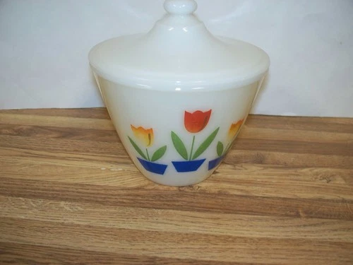 Vintage 1950's Fire King Tulip Grease Bowl Drip Jar w/ Splatter Proof Lid