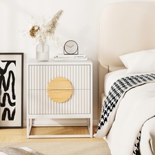 2 Drawer Nightstand Fluted Design Pine Handle Metal Frame MDF Wood