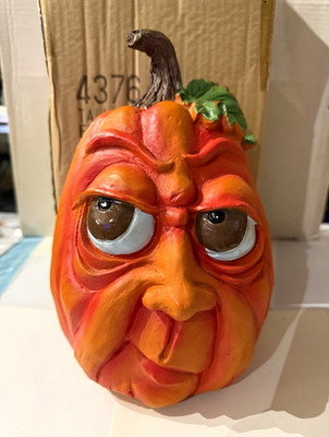 Plastic Halloween Pumpkin Face Figurine 9 in Painted 3D Effect Boxed Decor