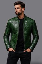 Mens Boy Crocodile Embossed Leather Jacket Luxury Alligator Pattern Slim Fit
