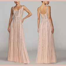 NWT Mac Duggal 14 94080 Scoop Neck A-Line Gown With Striped Beading J2139