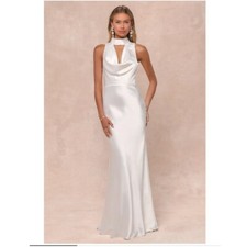 Lulus White Satin High Neck Cutout Cowl Open Back Maxi Gown Size Small