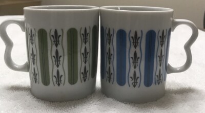Vintage Nasco Retro Coffee Mugs Atomic Style Fleur de Lis Cups