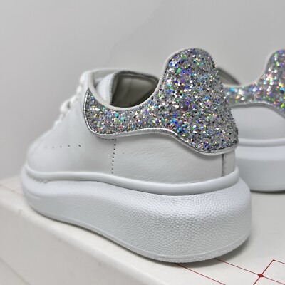 Alexander McQueen Kids White Leather Glitter Sneakers Size