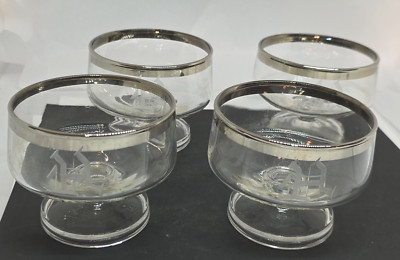Vintage Set of 4 Silver Rim Monogramed ''H'' Etched Crystal On The Rocks Glasses