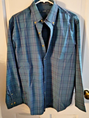 Arrow Men's Long Sleeve Sz Medium Blue And Green Plaid Button Up Dress Shirt