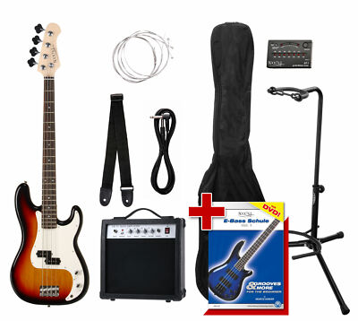 PB E-Bass Komplett Set Verstärker Kabel Stimmgerät Gigbag Schule Stand Sunburst