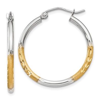 Real 14kt w/White Rhodium 2mm Satin and Polished Diamond-cut Hoop Earrings