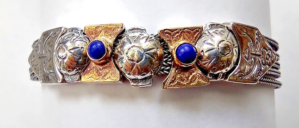 bracciale Greco 1960 maglie multiple in argento sterling 925 lapislazzuli e oro - Immagine 2 di 4