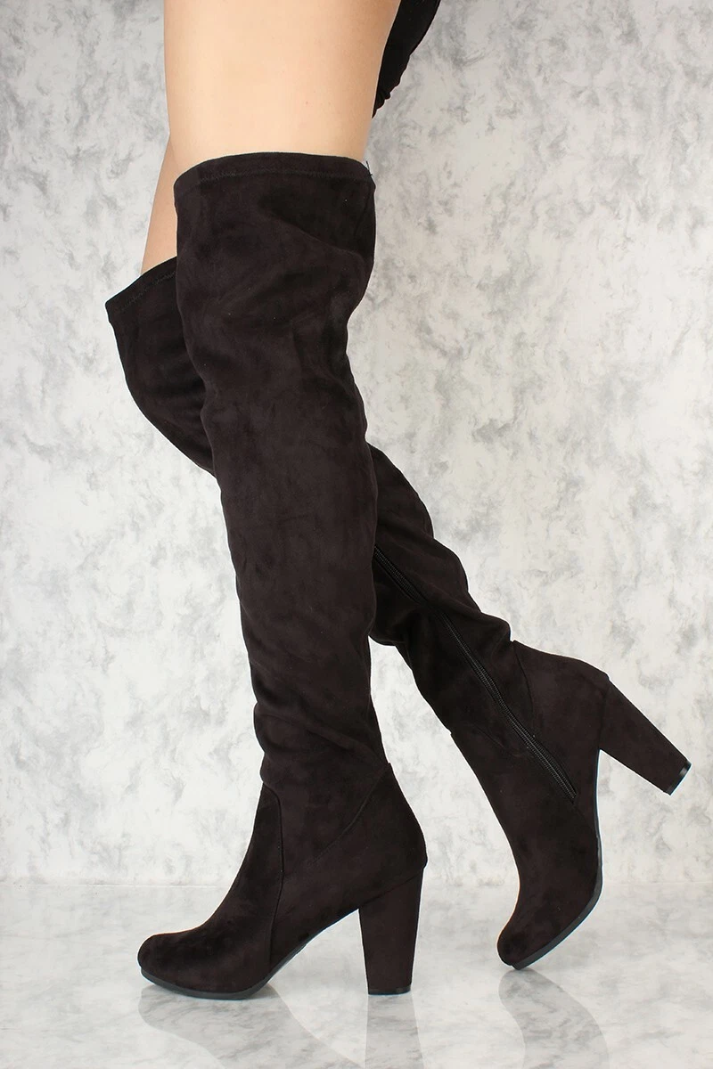 NEW Breckelle s Black Thigh High Boots Faux Suede Leather High Heel 6 Over Knee