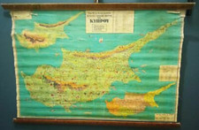 1950 GREECE CYPRUS GREEK EDUCATION SCHOOL PULL DOWN LINEN LARGE MAP