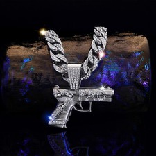 18K 2PAC Hand Gun Pendant & ICED Cubic Zirconia Cuban Chain Necklace 50/60/70cm