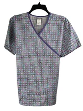 Women's SB Scrubs Purple Multi-color Blocks Size Small Tie Back Cotton Blend